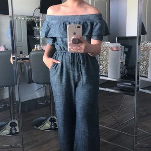Denim jumpsuit off the shoulder size medium